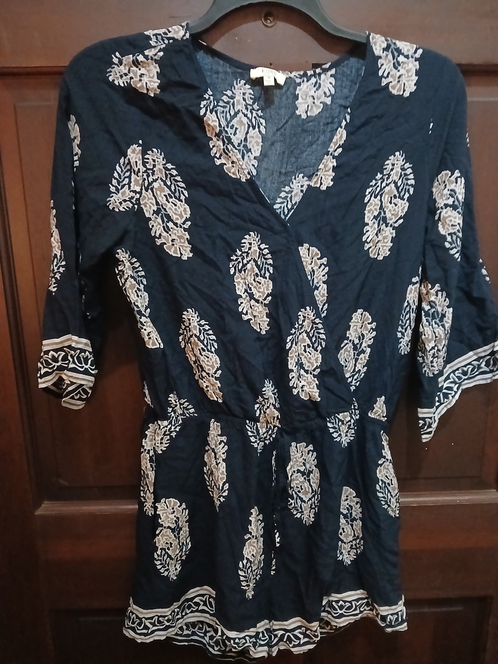 Kori Navy and Cream Floral Romper Bell Sleeves Size M Pockets Resort Wear